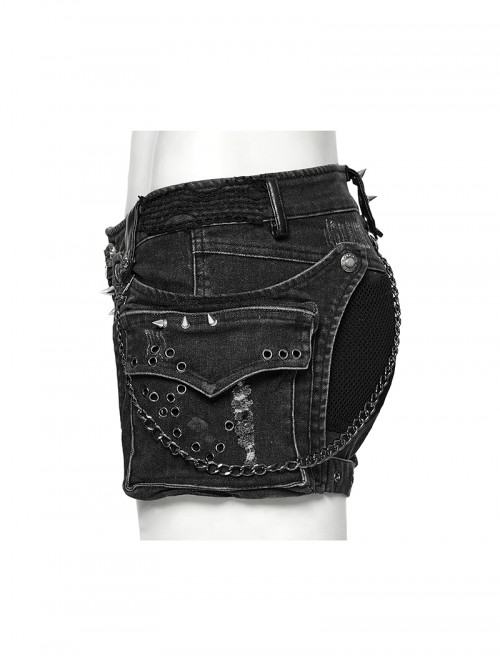 Gothic Black Rivet Elastic Water Wash Chain Denim Shorts