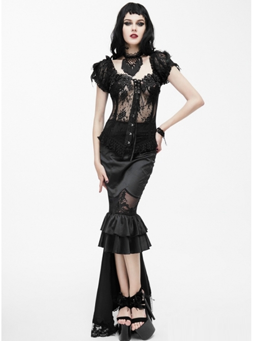 Gothic Black Lace High-Low Fishtail Skirt