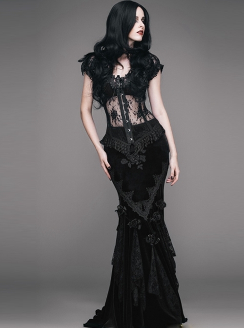 Romantic Gothic Sexy Black Flower Fishtail Skirt