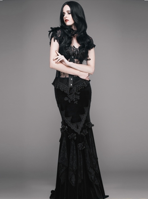 Romantic Gothic Sexy Black Flower Fishtail Skirt