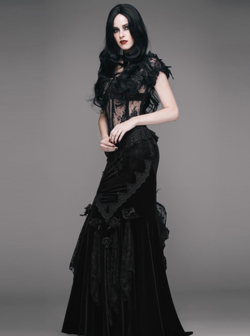 Romantic Gothic Sexy Black Flower Fishtail Skirt