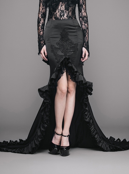 Gothic Slim Black Ruffle Big Fishtail Floor Length Skirt