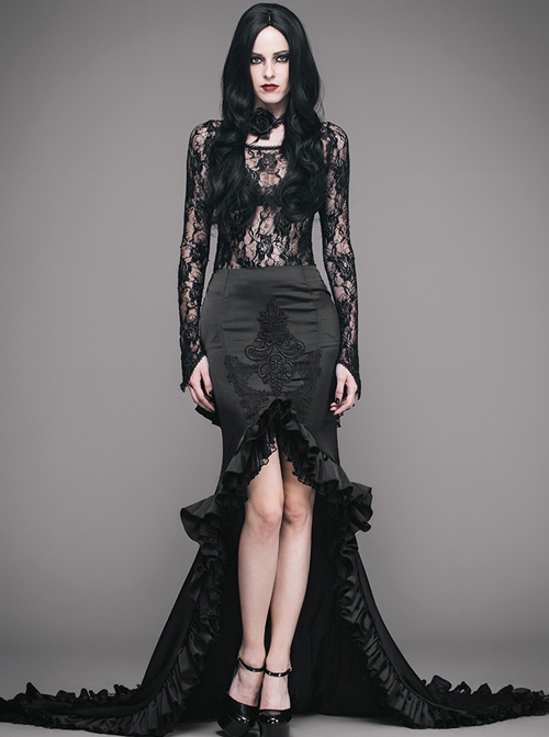 Gothic Slim Black Ruffle Big Fishtail Floor Length Skirt