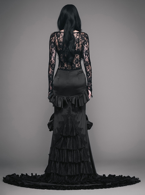 Gothic Slim Black Ruffle Big Fishtail Floor Length Skirt