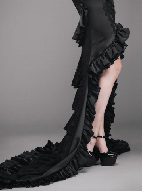 Gothic Slim Black Ruffle Big Fishtail Floor Length Skirt
