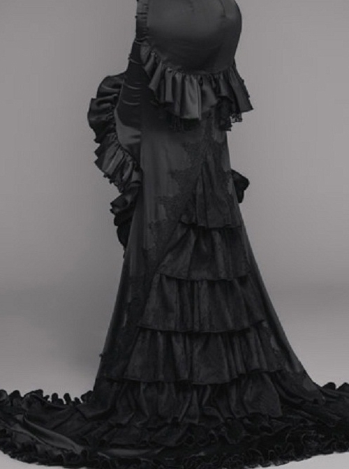 Gothic Slim Black Ruffle Big Fishtail Floor Length Skirt