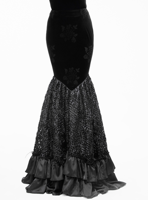 Gothic Black Slim Embroidered Stitching Fishtail Long Skirt