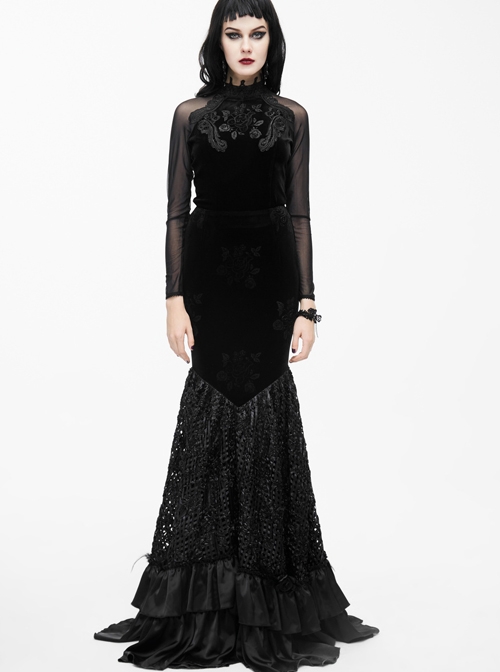Gothic Black Slim Embroidered Stitching Fishtail Long Skirt