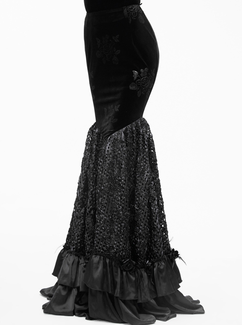 Gothic Black Slim Embroidered Stitching Fishtail Long Skirt