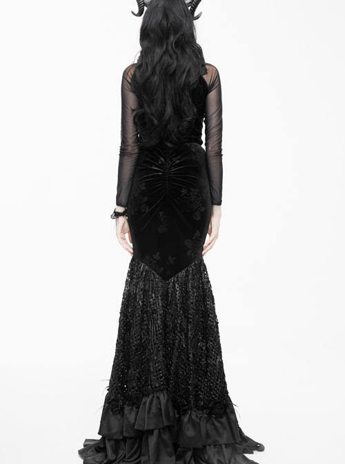 Gothic Black Slim Embroidered Stitching Fishtail Long Skirt