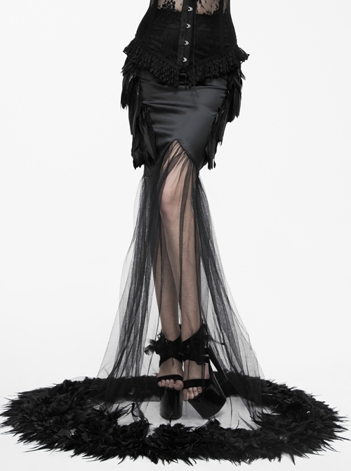 Gothic Party Dress Black Mesh Yarn Slim Half-length Fishtail Feather Hem Skirt