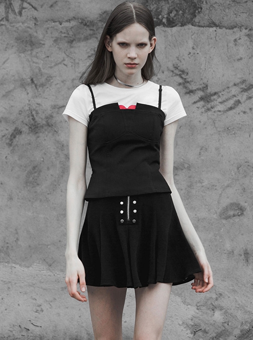 Gothic Black Multi-piece Chiffon Fitted Cool Safety Trousers Half Skirt