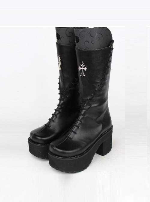 Gothic Black Cross Rivet PU Leather Punk High Heel Boots