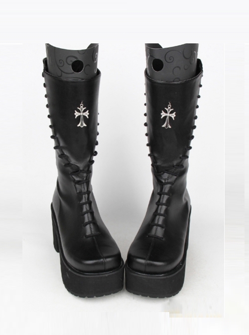 Gothic Black Cross Rivet PU Leather Punk High Heel Boots