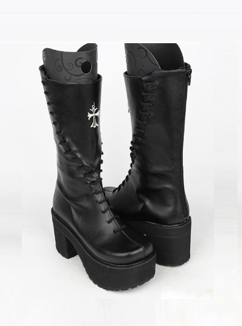 Gothic Black Cross Rivet PU Leather Punk High Heel Boots