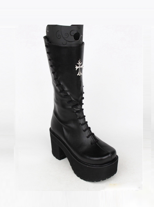 Gothic Black Cross Rivet PU Leather Punk High Heel Boots