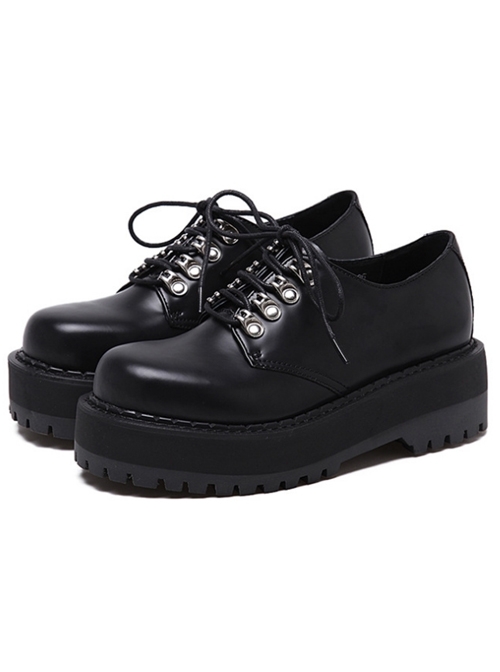 Punk Gothic Pure Black Lace-up Women's Middle-heel Platform Shoes