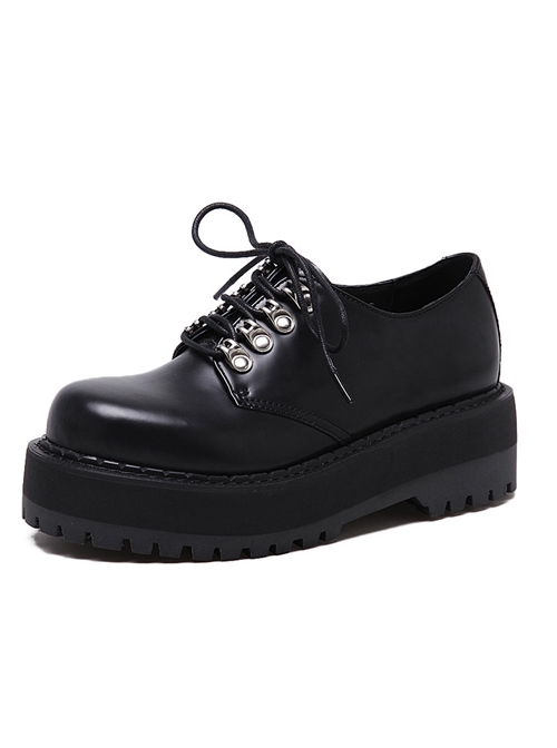 Punk Gothic Pure Black Lace-up Women's Middle-heel Platform Shoes