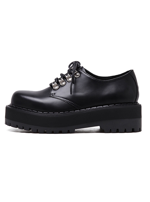 Punk Gothic Pure Black Lace-up Women's Middle-heel Platform Shoes