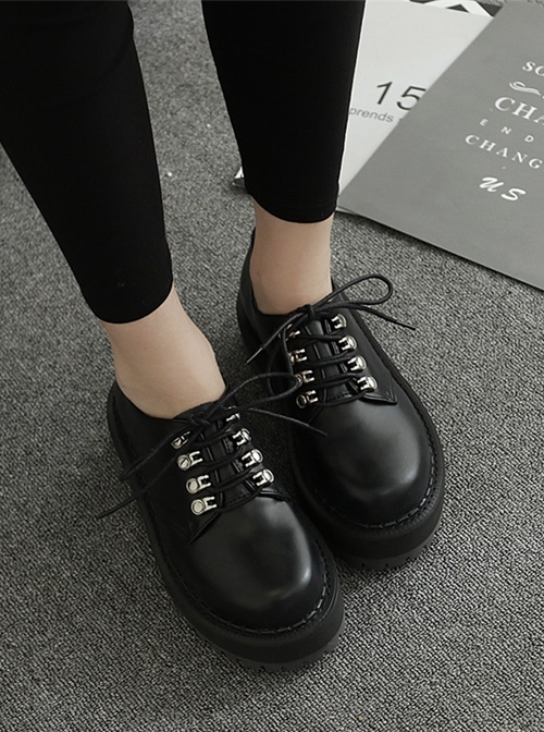 Punk Gothic Pure Black Lace-up Women's Middle-heel Platform Shoes