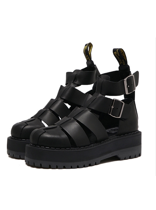 Punk Gothic Pure Black Thick Soles Harajuku Style Roman Sandals