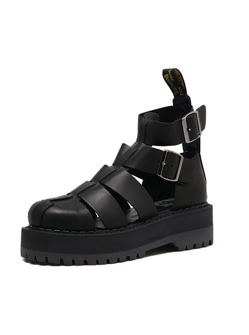 Punk Gothic Pure Black Thick Soles Harajuku Style Roman Sandals