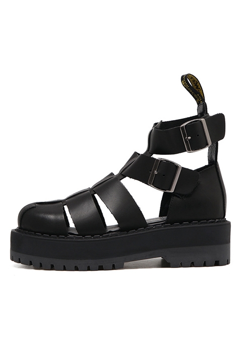 Punk Gothic Pure Black Thick Soles Harajuku Style Roman Sandals