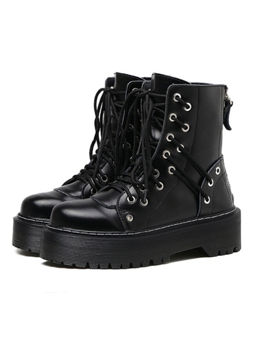 Punk Gothic Pure Black Zipper Thick Soles Round-toe Platform Shoes Women's Martin Boots
