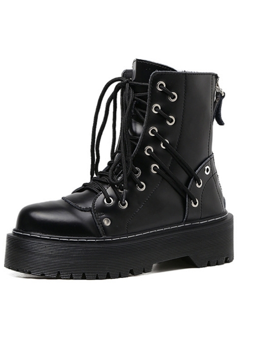 Punk Gothic Pure Black Zipper Thick Soles Round-toe Platform Shoes ...