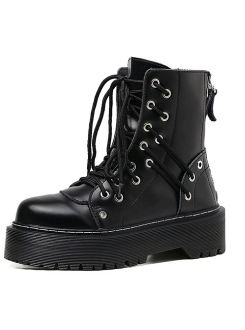 Punk Gothic Pure Black Zipper Thick Soles Round-toe Platform Shoes Women's Martin Boots