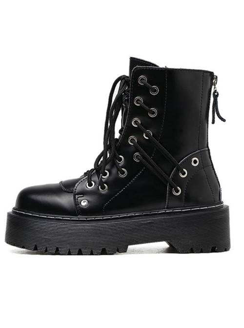 Punk Gothic Pure Black Zipper Thick Soles Round-toe Platform Shoes Women's Martin Boots