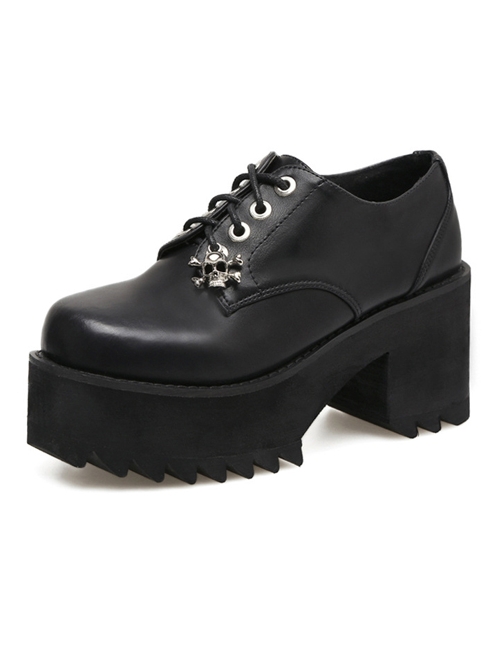 Steam Punk Skull Pendant Leather Black Women's Round-toe High Heel Shoes