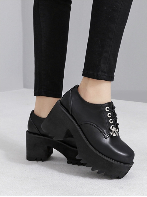 Steam Punk Skull Pendant Leather Black Women's Round-toe High Heel Shoes