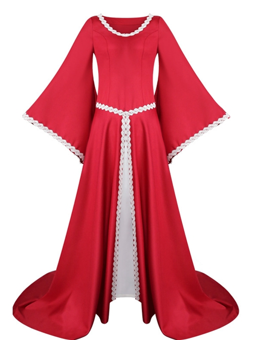 Medieval Retro Court Lace Horn Sleeves High Waist Slim Large Hem Dress
