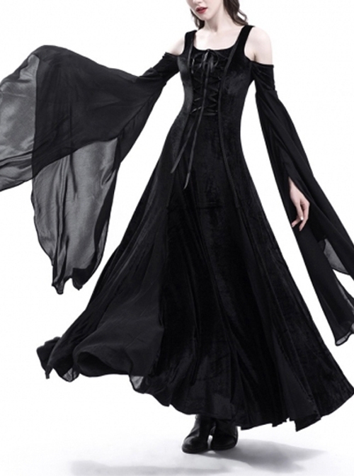 Black Stretch Velvet Off-the-Shoulder Medieval Dress