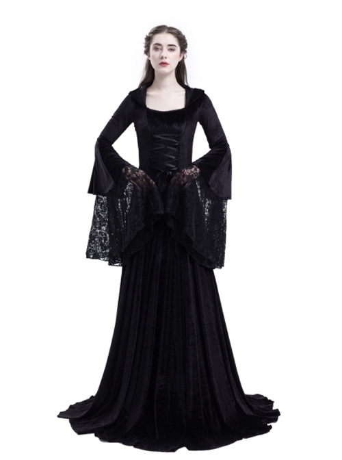 Gothic Medieval Vampire Style Black Hooded Dress - Magic Wardrobes