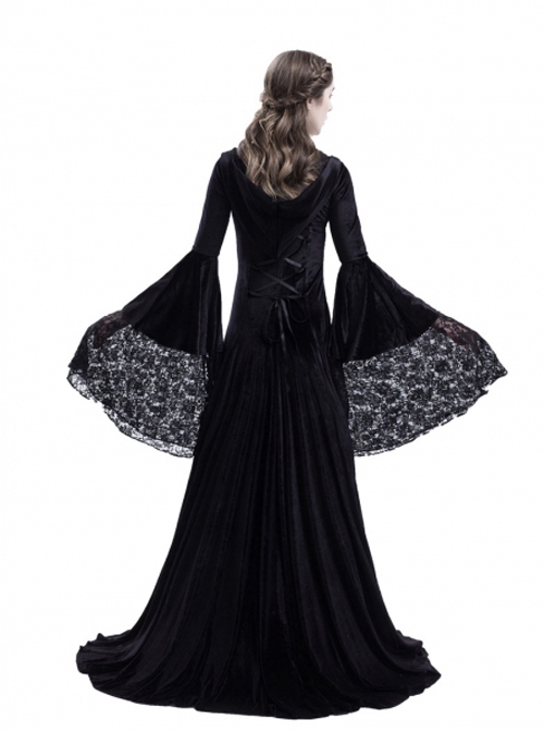 Gothic Medieval Vampire Style Black Hooded Dress - Magic Wardrobes