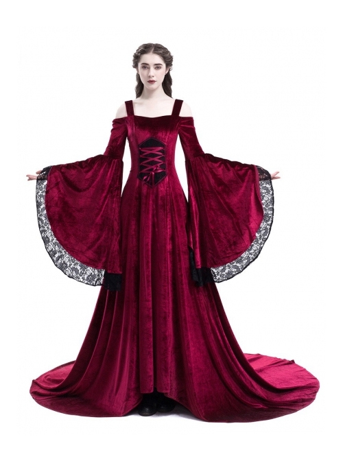 Renaissance Fairy Tale Red Velvet Off-the-shoulder Medieval Dress