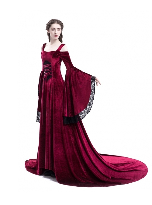 Renaissance Fairy Tale Red Velvet Off-the-shoulder Medieval Dress
