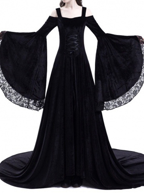 Medieval Gothic Black Off-the-shoulder Long Trumpet Sleeves Dress