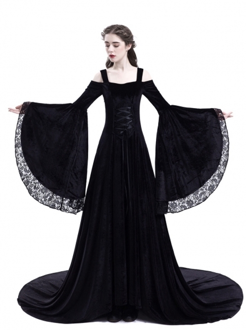Medieval Gothic Black Off-the-shoulder Long Trumpet Sleeves Dress