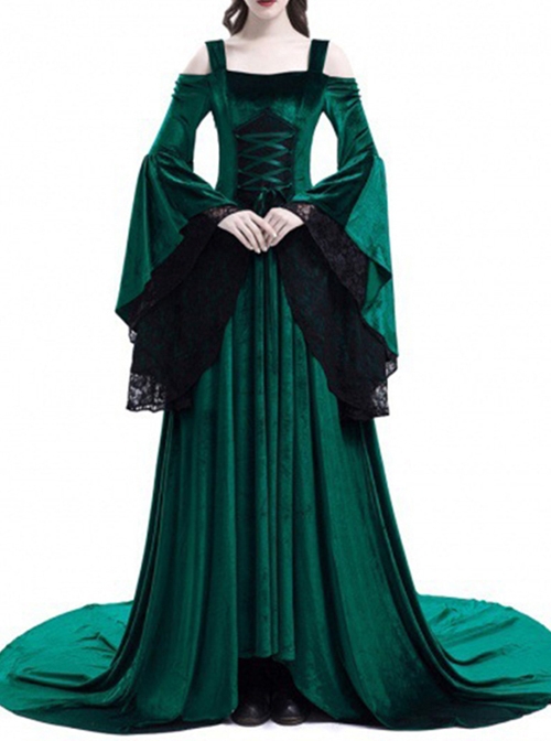 Medieval Gothic Green Off-the-shoulder Long Trumpet Sleeves Dress