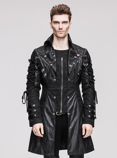 Steampunk Gothic Black Men's Medium Long Style Imitation Leather Coat