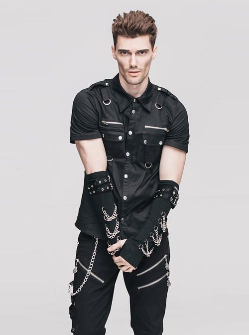 Steampunk Gothic Black Short Sleeve Thin Style Casual Buttons Shirt