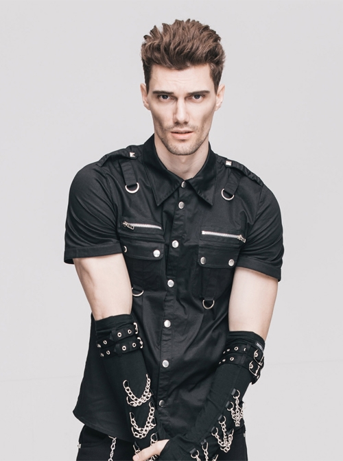 Steampunk Gothic Black Short Sleeve Thin Style Casual Buttons Shirt