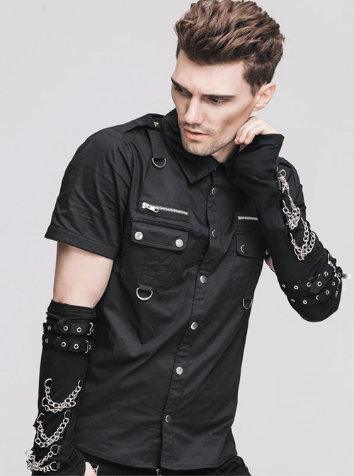Steampunk Gothic Black Short Sleeve Thin Style Casual Buttons Shirt