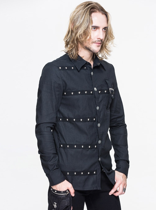 Steampunk Black Pure Cotton Metal Buttons Long Sleeve Shirt