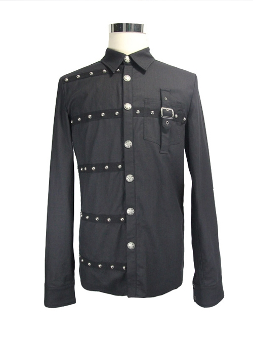 Steampunk Black Pure Cotton Metal Buttons Long Sleeve Shirt