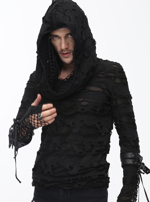 Steampunk Street Rock Style Broken Hole Element Black Long Sleeve T-Shirt