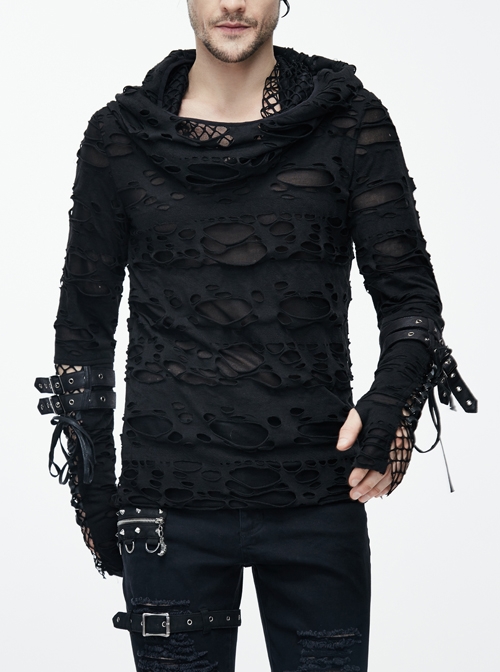 Steampunk Street Rock Style Broken Hole Element Black Long Sleeve T-Shirt